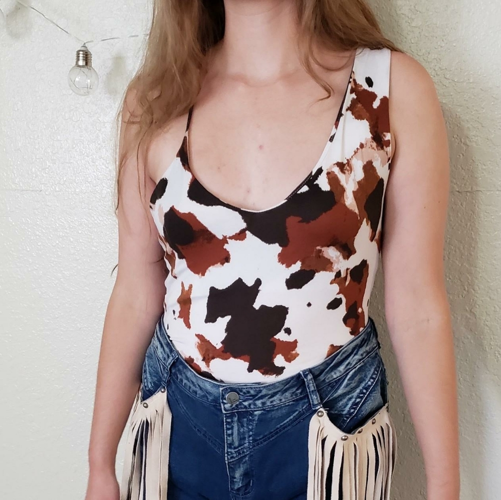 LE LIS Collection Cow Print Asymmetrical Bodysuit